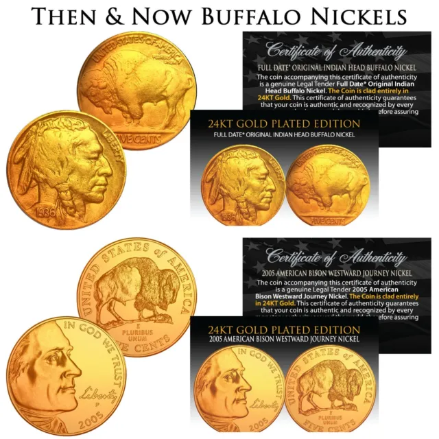 THEN & NOW Buffalo Nickel 24K Gold Plated 2-Coin Set - 1930s & 2005 Nickels BOGO