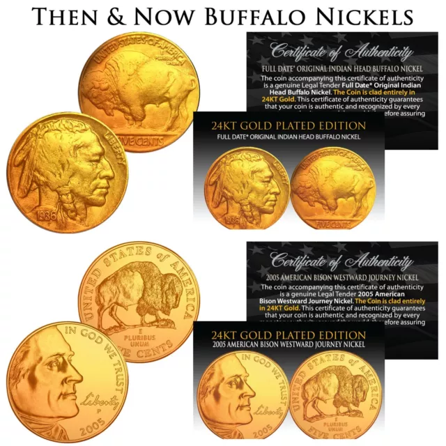 THEN & NOW Buffalo Nickel 24K Gold Plated 2-Coin Set - 1930s & 2005 Nickels BOGO
