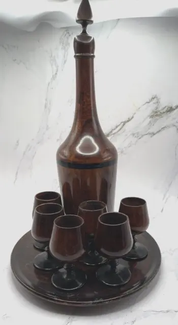Vtg Wood Turned Saki Decanter Set With 6 Goblet Shot Cups Tray Home Decor MCM