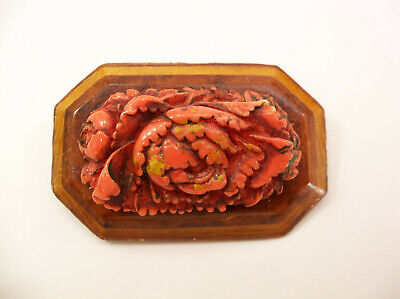 Vintage Carved Floral Celluloid Wood Pin Brooch Coral Color