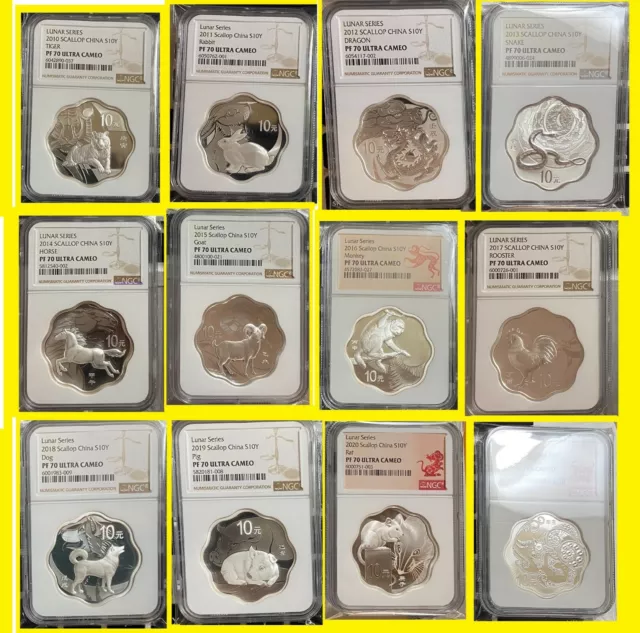 2010-2021 China Lunar 12 Oz Scallop Silver 12 Coins Prfct Rare Set Ngc Pf 70 Uc