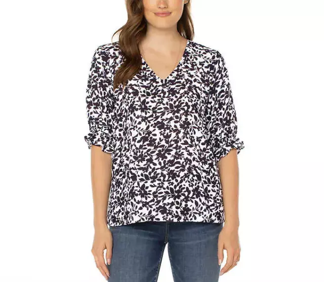 NWT Well Worn Women's Elbow Sleeve V Neck Blouse Black Floral Size L $60 2HL135
