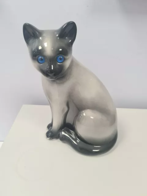 Vintage Siamese Cat With Glass Blue Eyes Large Ornament Elpa Alcobaca Portugal