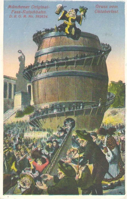 München, Gruß vom Oktoberfest, Fass-Rutschbahn, Bierfass, Postkarte, Bayern