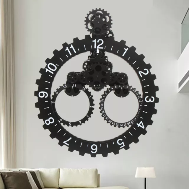 Large Black Metal Gear Wall Clock Mechanical Moving Gear Clock Calendar Wheel