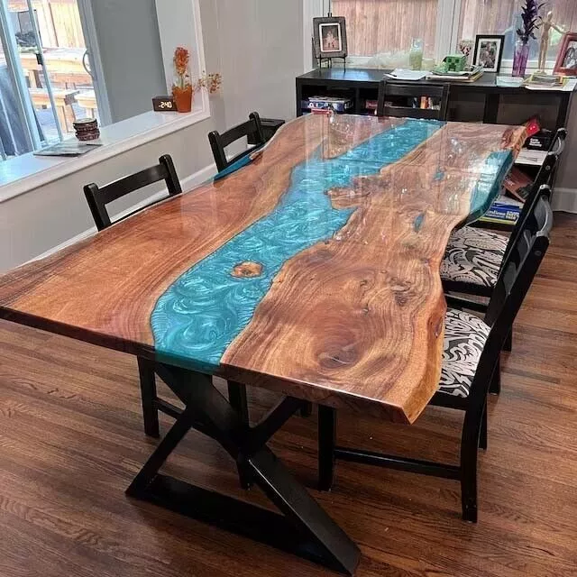 Blue Epoxy Resin Live Edge Dining Table Kitchen Slab Countertop Wooden Home Deco