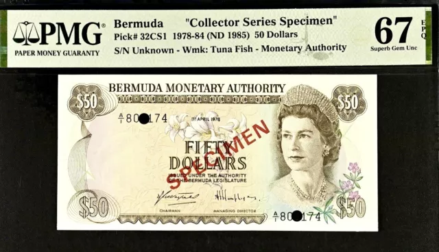 Bermuda 50 Dollars P# 32CS1 1978-84(ND 1985) Specimen PMG 67 EPQ SG Unc Banknote