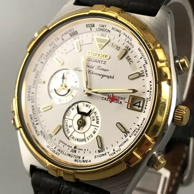 SEIKO WORLD TIMER Alarm Chronograph 6M15-0020 GMT Quartz Watch from Japan  #499 EUR 357,03 - PicClick FR
