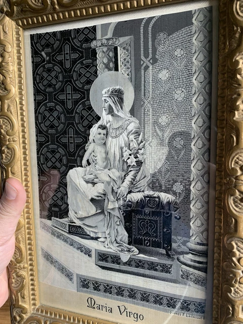 Tableau Ancien En Soie Tissée - Vierge à L'Enfant - Signé Neyret Frères Saint-Étienne - XIXème Siècle