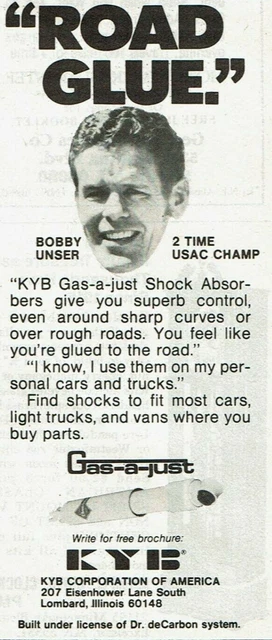 Vintage Print Ad 1979 KYB Gas-a-just Shock Absorbers Bobby Unser Road Glue