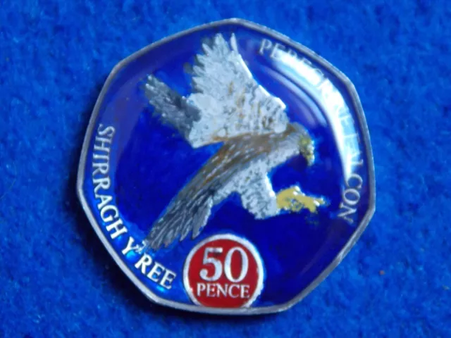 Enamelled 50p Fifty Pence Coin, IOM Charles III 2023 "Peregrine Falcon"
