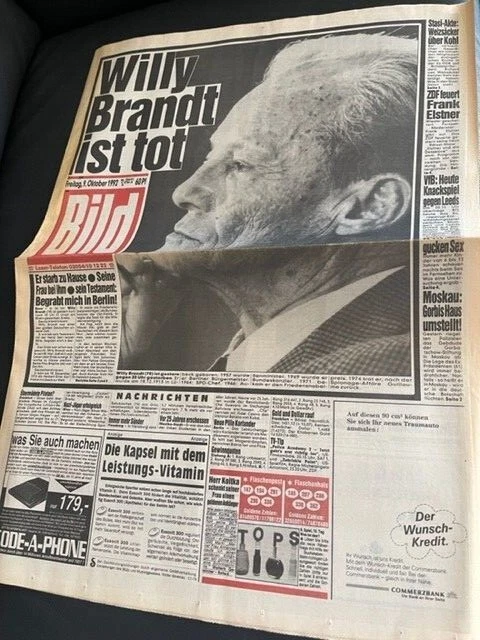 ORIGINALE BILD-ZEITUNG ZUM Tode von Willy Brandt, Bundeskanzler a.D
