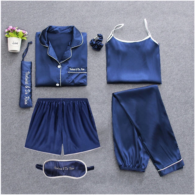 Satin Lingerie Homewear Sleepwear Autumn Pj Women's 7 pieces Pajamas Sets
