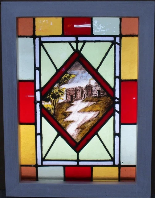 OLD ENGLISH LEADED STAINED GLASS WINDOW Hand Painted Castle 15" x 20"
