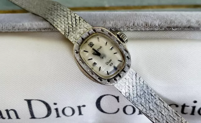 Vintage 1970 14K White Gold Ladies Christian Dior by Bulova Wristwatch Watch