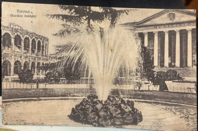 Cartolina Veneto. Verona, Giardini Pubblici. 1914. Piazza Bra - Palazzo Barbieri