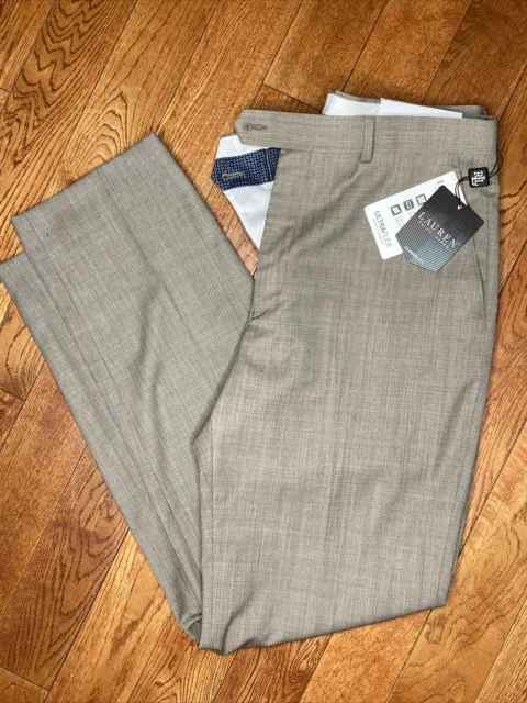 NWT RALPH LAUREN Classic Fit Stretch Wool Tan Flat Front Dress Pants 34 x 32