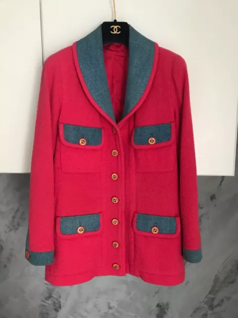 CHANEL GIACCA DONNA TAGLIA 42 italiana LANA TWEED ROSA FUCSIA E DENIM