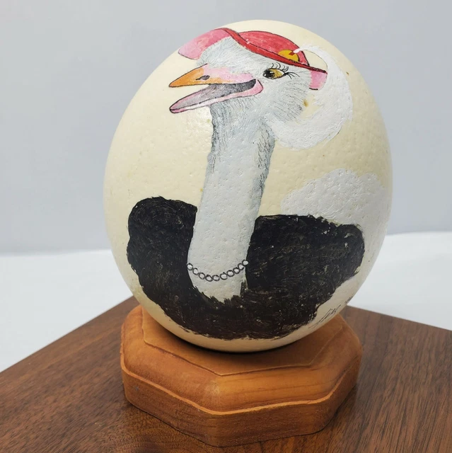 Vintage Hand Painted Ostrich Egg Bird in Feather Hat and Pearl Necklace Signed