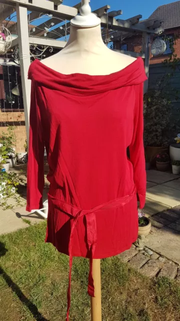 Classic Red Bardot Style Slash/Draped Neckline Belted Top by Monsoon. Size 14
