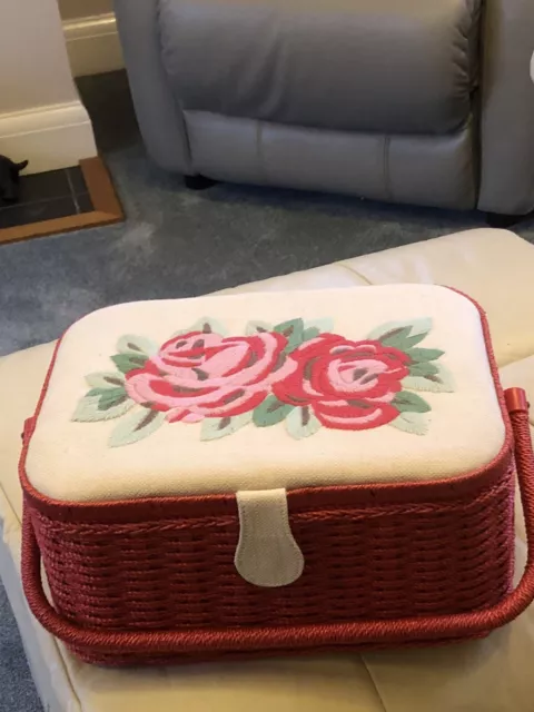 Sewing Basket Storage Box With Tray , Pocket And Pin Cushion Roses Very Pretty