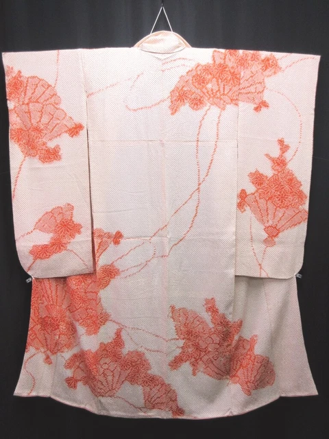 7695J4 Silk Vintage Japanese Kimono Furisode Full Shibori Folding Fan Kiku
