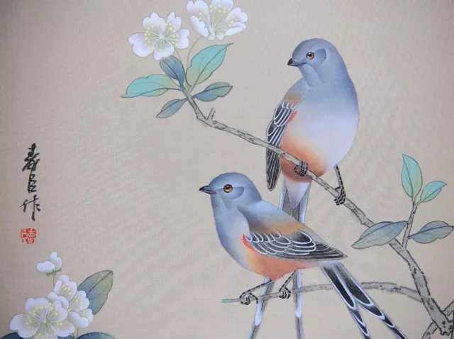 Vintage Chinese Painting, VTG Asian Oriental Watercolor, Pair of Beautiful Birds 3