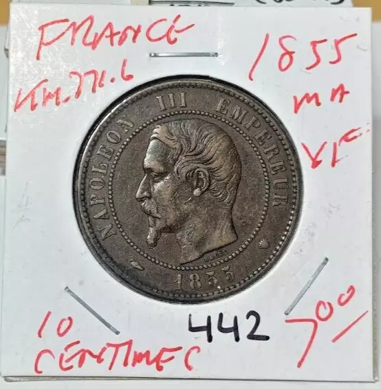 1855 MA France 10 Centimes KM# 771.6, Looks VF, KM#771.6. Coin #442