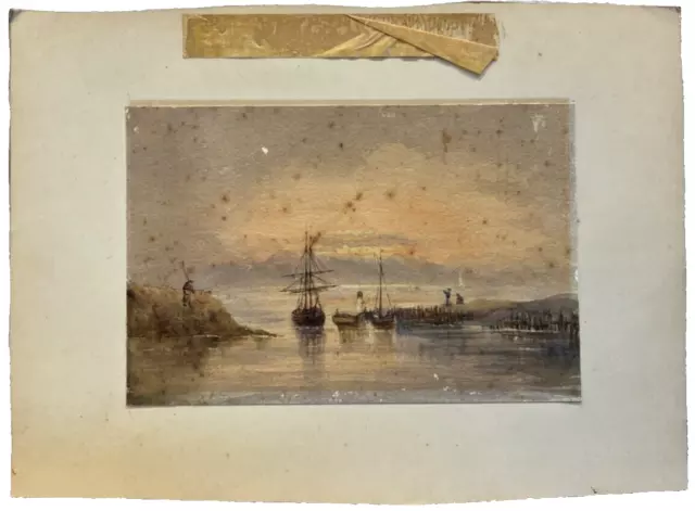 c1900's Very interesting Antique Watercolour Painting of Harbour Fishing Scene