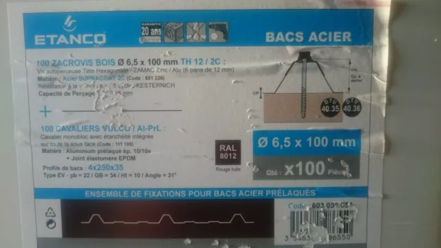 100 vis avec cavaliers de fixation pour tôle bac acier 6,5 x 100 RAL 8012