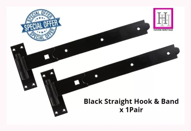 Straight Hook & Band Black Hinges Heavy Duty Stable Garage Shed Barn Door D1