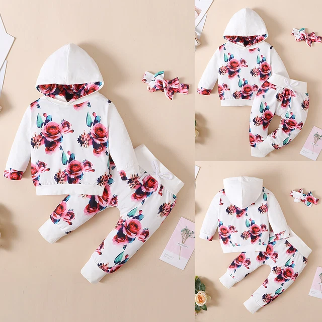Abbigliamento neonata bambina top floreale con cappuccio pantaloni abiti per bambini set tuta