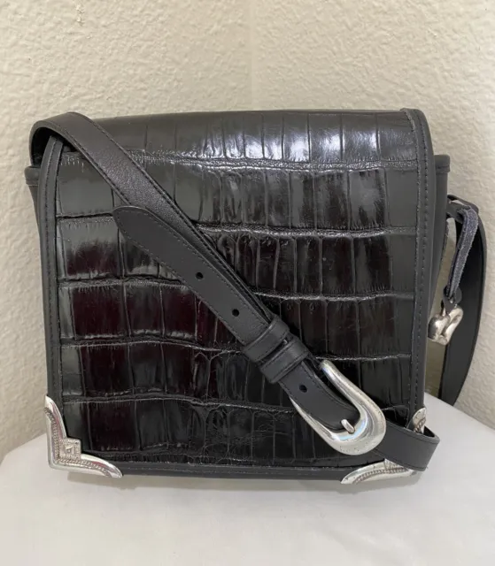 Vintage Brighton Black Leather Crossbody Handbag Croc Embossed Front Flap Purse