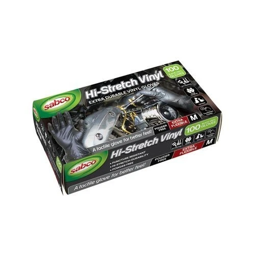 Sabco Medium Black Hi-Stretch Vinyl Disposable Gloves - 100 Pack