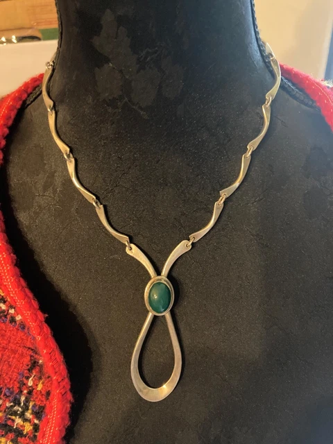 Collier Argent Massif 950‰ Avec Chrysoprase - Vintage Années 70, Style Moderniste, Parfait état
