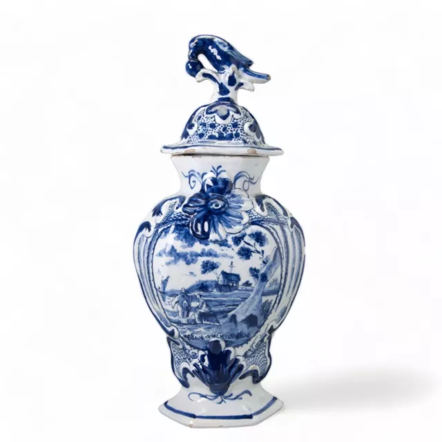 Nice Dutch Delft Blue vase landscape with figures,  18th ct. Porceleyne Claeuw.
