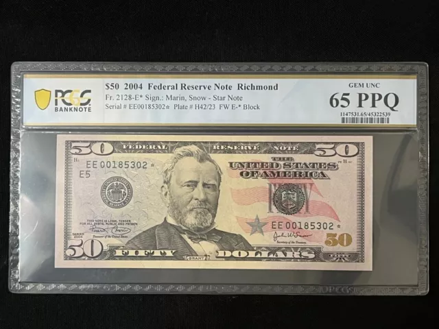2004 $50 Federal Reserve Note Fr 2128-E STAR 🌟 Note -- PCGS Banknote Gem 65 PPQ