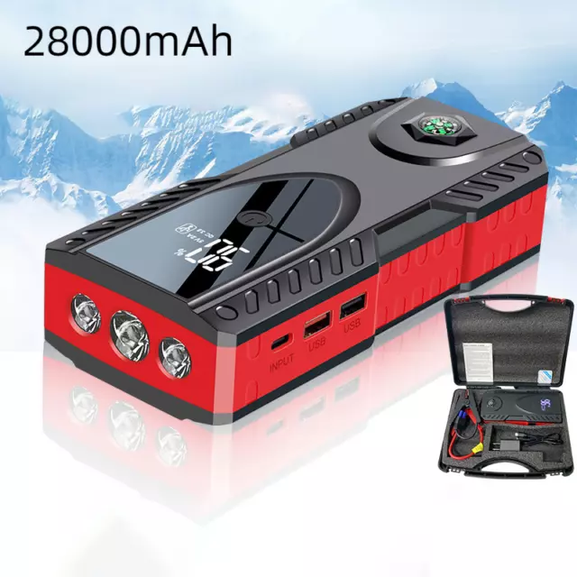 28000mAh Auto Jump Starter Pack Booster Akku Ladegerät Notfall Power Bank 2USB