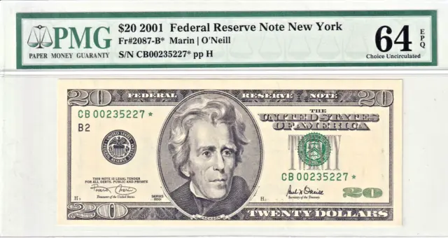 2001 $20 Federal Reserve **STAR** Note New York PMG 64EPQ #CB00235227*