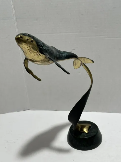 Gorgeous Brass Bronze Humpback Swimming Whale Sculpture with Marble Base 13” 2