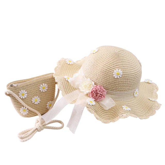 Cap Bag Set Flower Decor All-match Bow Wide Brim Girl Sunhat Purse Dress Up