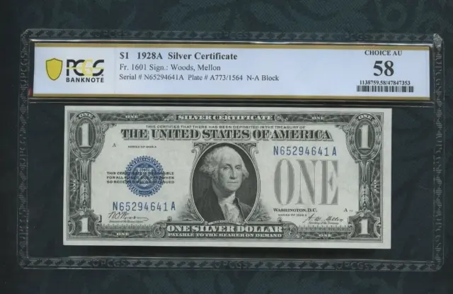 1928 A Silver Certificate    $1 dollar Fr # 1601 PCGS 58