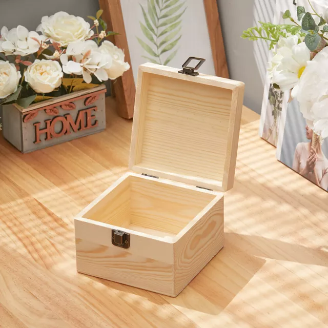 Wooden Chest Plain Wood Treasure Box Craft Trunk Storage Boxes Home DIY Gift Lid 2