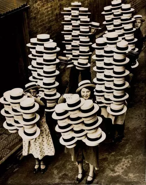 Huge amount of boater straw hats 1930 OLD PHOTO