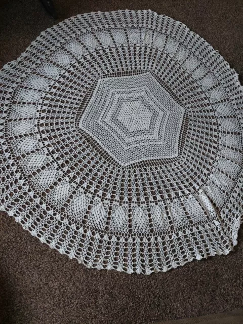65" Large Round Tablecloth Hand Crochet Cotton Ivory Off White Doily  Gorgeous!!