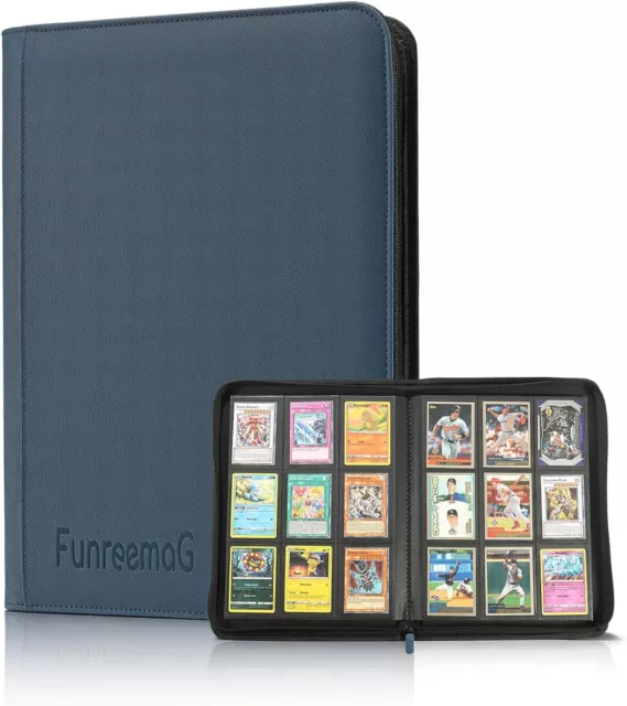 FunreemaG 9 Pockets Zipper Card Binder Album,360 Trading Card Binder Blue