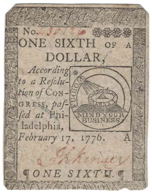 February 17, 1776 One Sixth of a Dollar Continental Currency CC-19