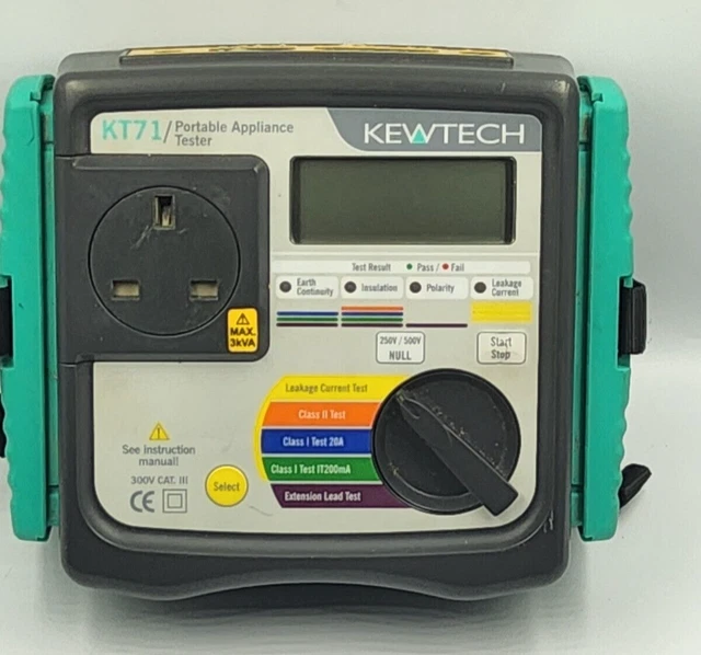 Kewtech KT72 Tester per elettrodomestici portatili (PAT) con piombo ed etichette pass/fallimento