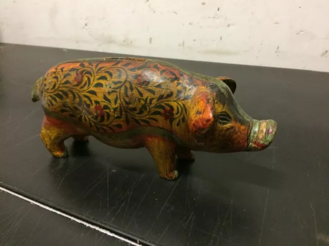 Decorated Hand Painted Clay Pig Piggy Still Bank 9 1/2"w