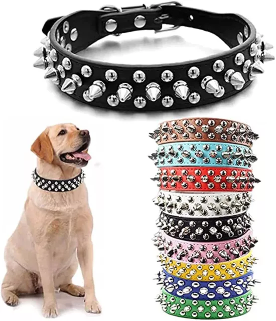 Spiked Dog Collar Adjustable PU Leather Studded Rivet Cat Dog Collars for Pup...